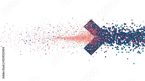 The image depicts a stylized arrow pointing to the right, composed of dark blue and teal colored fragments.  The arrow is disintegrating, with smaller particles of various shades of blue, red, and
