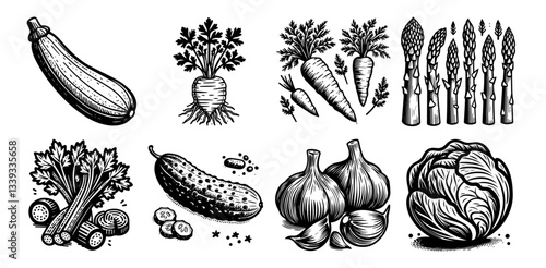 vegetable set black and white hand drawn vintage vector illustrations