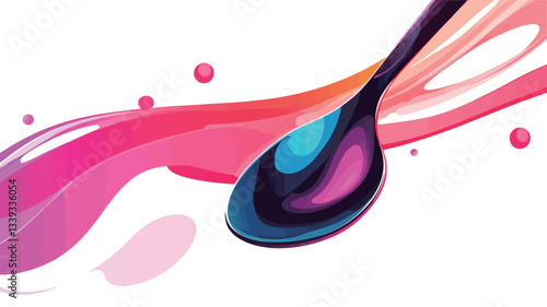 The image is a digital illustration depicting a stylized spoon partially submerged in a flowing, abstract stream of vibrant pink, purple, blue, and orange liquid. The liquid has a glossy, smooth