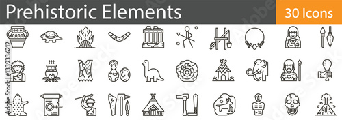 Prehistoric Elements Line Icons Set. Collection of 30 outline icons representing prehistoric animals, tools, and ancient symbols. Editable stroke vector illustration.