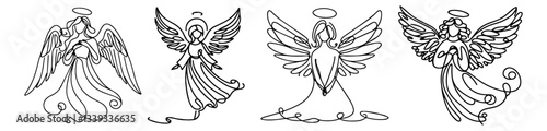 angel illustration set with elegant line art and flowing details vector