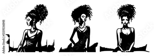 elegant female portraits with afro hairstyles in graphic inking with textured shading