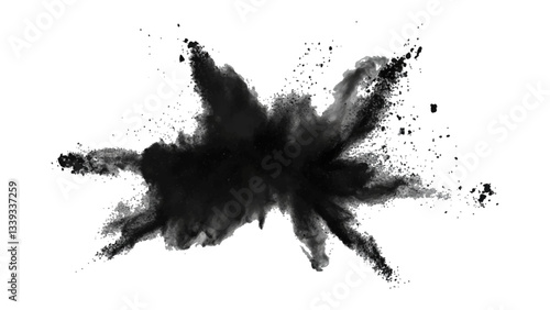 Explosive black powder burst against a white background. Closeup of black dust particles explode isolated on white background.	