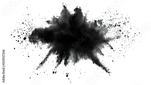 Explosive black powder burst against a white background. Closeup of black dust particles explode isolated on white background.	