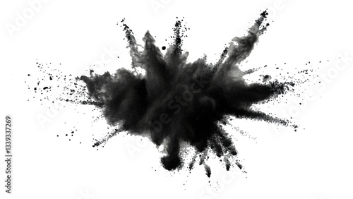 Explosive black powder burst against a white background. Closeup of black dust particles explode isolated on white background.	
