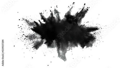 Explosive black powder burst against a white background. Closeup of black dust particles explode isolated on white background.	