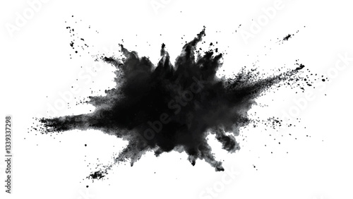 Explosive black powder burst against a white background. Closeup of black dust particles explode isolated on white background.	