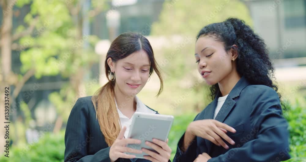 Two confident businesswomen engaged in a conversation in a modern corporate setting. One holds a tablet while explaining a point, while the other listens attentively with her arms crossed. Two confident businesswomen engaged in a conversation in a modern corporate setting. One holds a tablet while explaining a point, while the other listens attentively with her arms crossed.