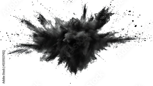 Explosive black powder burst against a white background. Closeup of black dust particles explode isolated on white background.	