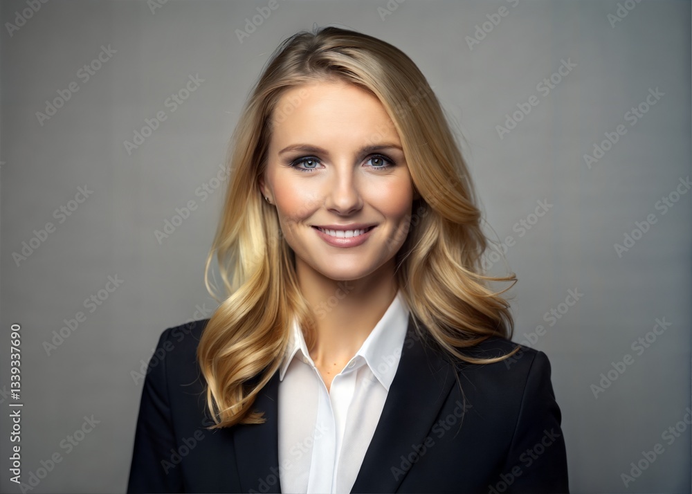 Professional Woman in Business Suit Posing Against Gray Background Professional Woman in Business Suit Posing Against Gray Background