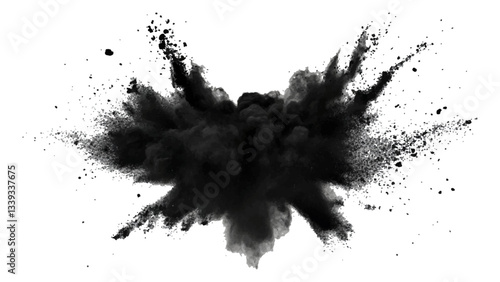 Explosive black powder burst against a white background. Closeup of black dust particles explode isolated on white background.	