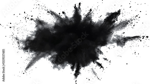 Explosive black powder burst against a white background. Closeup of black dust particles explode isolated on white background.	