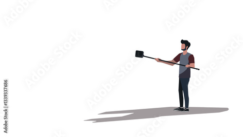 A minimalist vector illustration of a young man taking a selfie with a selfie stick against a white background. The illustration is done in a flat style with a simple color palette. The man is
