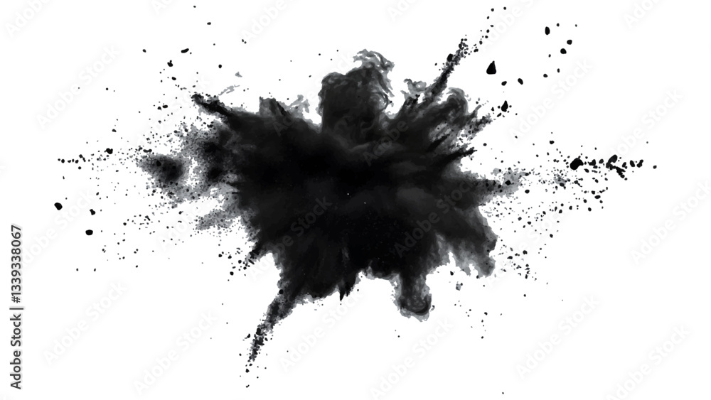 Fototapeta premium Explosive black powder burst against a white background. Closeup of black dust particles explode isolated on white background. 