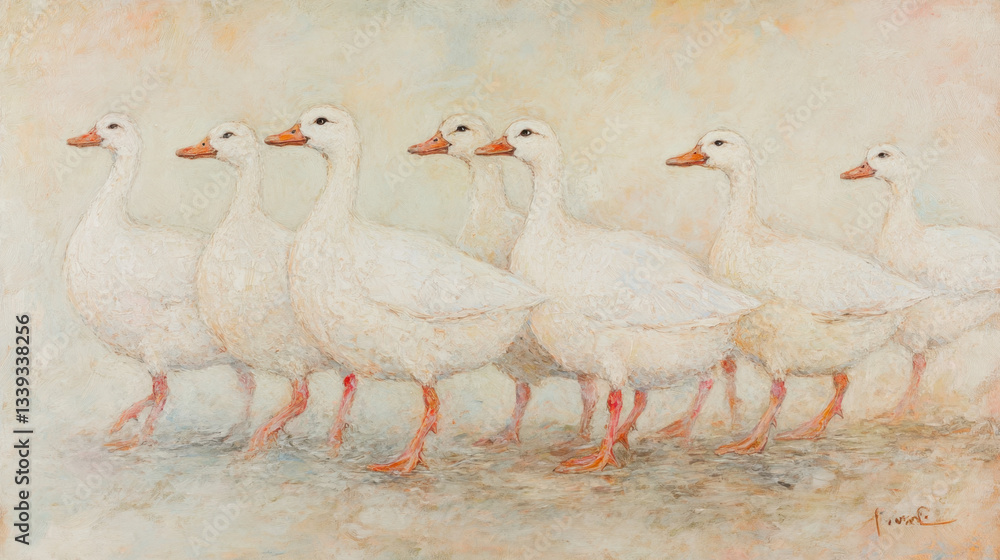Obraz premium Seven White Ducks in a Row, Textured Painting, Beige Background