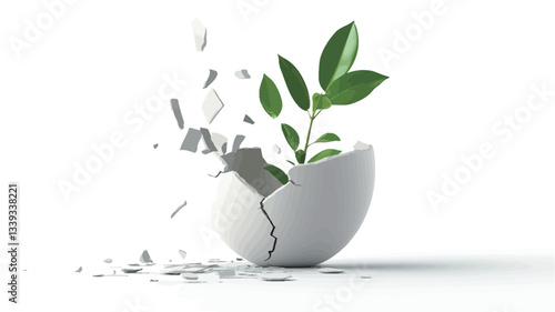 Close-up shot of a small green sprout emerging from a cracked white eggshell against a plain white background.  The eggshell is fragmented, with pieces scattered around the base of the plant. The