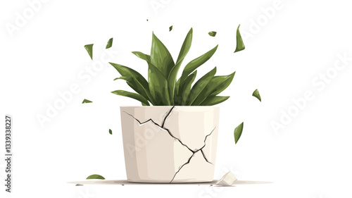 Digital illustration depicting a potted plant with vibrant green leaves. The plant appears healthy and continues to grow despite its off-white pot being severely cracked and fragmented, with pieces