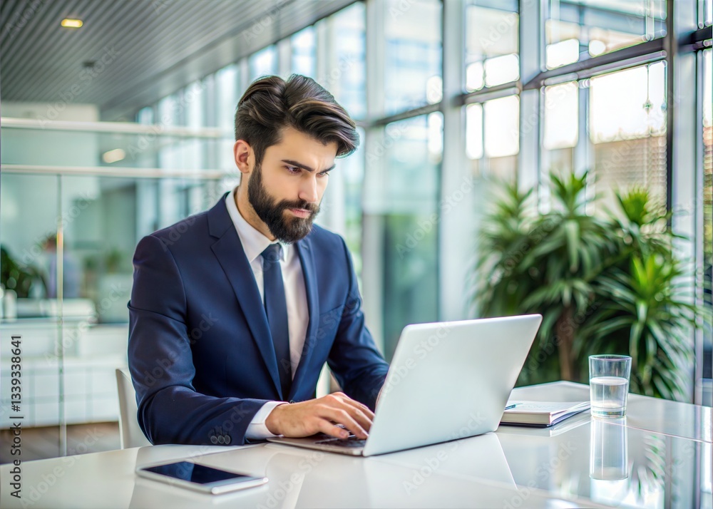 Focused Businessman Working on Laptop in Modern Office Focused Businessman Working on Laptop in Modern Office
