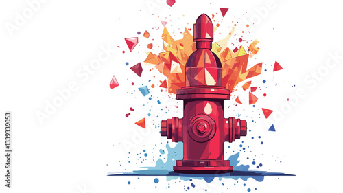 Stylized illustration of a red fire hydrant with flames erupting from its top. The style is geometric and abstract, with polygonal shapes forming the hydrant and flames.  The background includes a