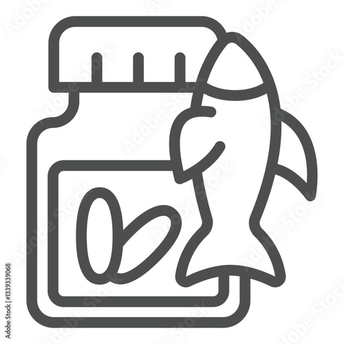 Omega capsules jar and fish line icon, fatty acids concept. Vector graphics. Medicine sign on white background, outline style icon for mobile or web design.