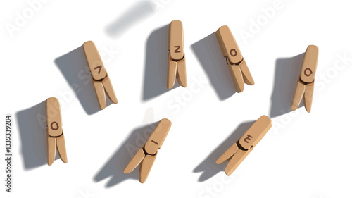 High-angle, close-up view of seven small, light-colored wooden clothespins arranged on a white background. Each clothespin has a number etched onto it.  The clothespins cast subtle shadows,
