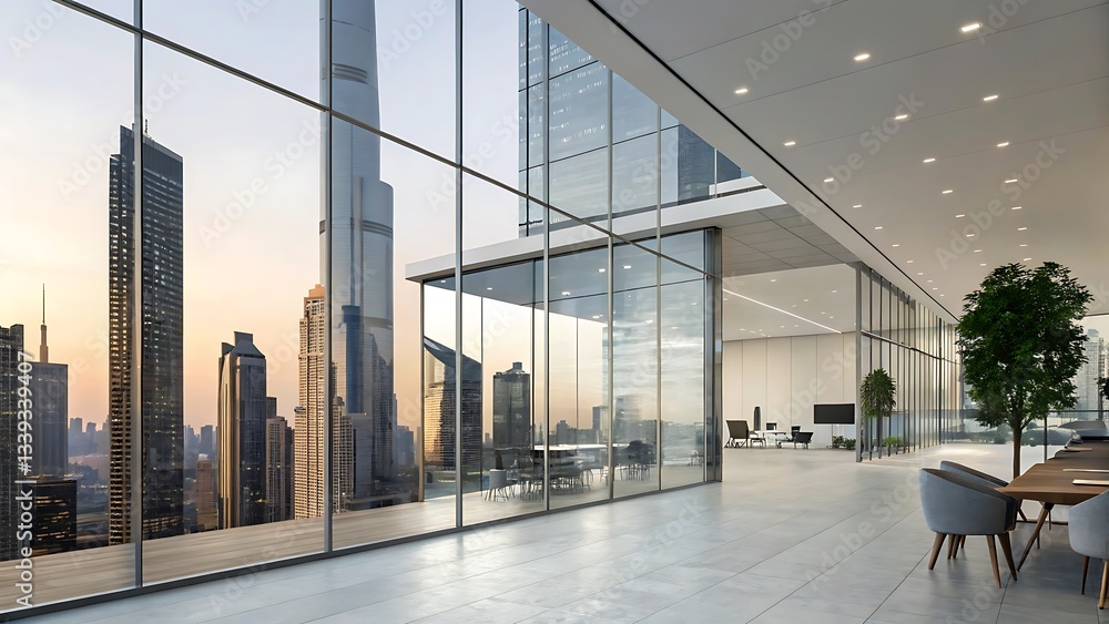 Modern Office Interior with Cityscape View, Sleek Design, Natural Light, Contemporary Furniture, Urban Setting, and Tall Buildings. Modern Office Interior with Cityscape View, Sleek Design, Natural Light, Contemporary Furniture, Urban Setting, and Tall Buildings.