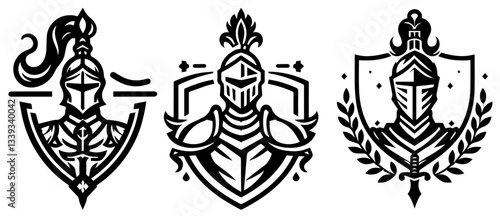 medieval knight emblems with armored warriors and heraldic shields