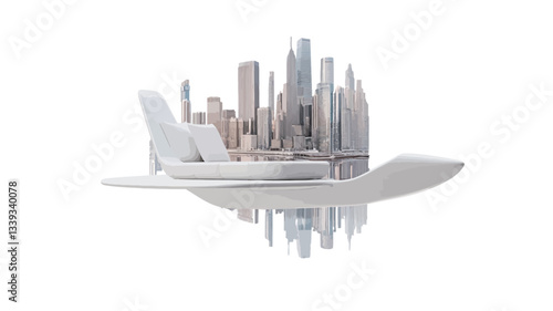 The image is a digitally manipulated composite.  A stylized representation of an airplane wing is positioned in the foreground, partially obscuring and overlaying a grayscale image of a city