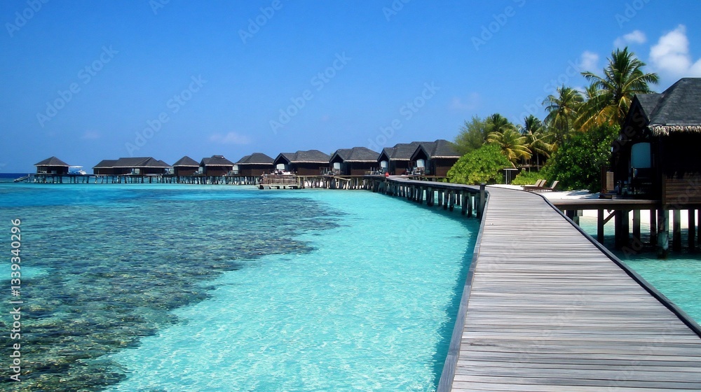 Scenic view of overwater bungalows along a clear turquoise lagoon. Scenic view of overwater bungalows along a clear turquoise lagoon.