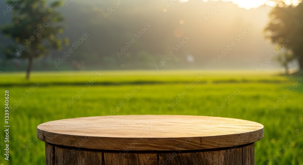Sunrise Over Lush Green Rice Paddy Field with Wooden Round Table Display Sunrise Over Lush Green Rice Paddy Field with Wooden Round Table Display