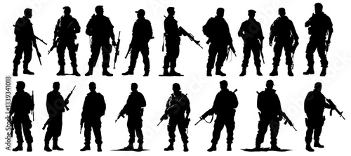 armed soldiers standing poses set vector silhouette shape black outline