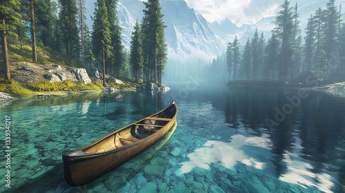 Serene canoe floating on crystal-clear lake surrounded by majestic mountains and lush pine trees
