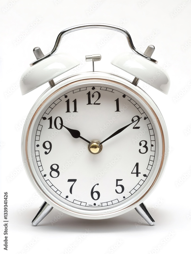 White alarm clock showing time on white background White alarm clock showing time on white background