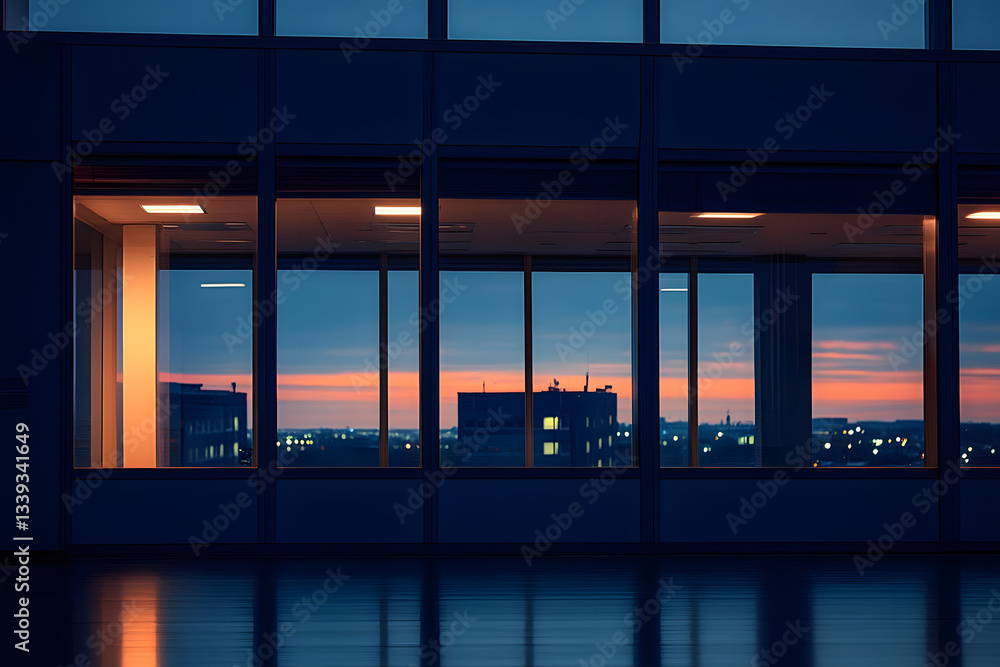 Fototapeta premium office building at dusk with lit windows.