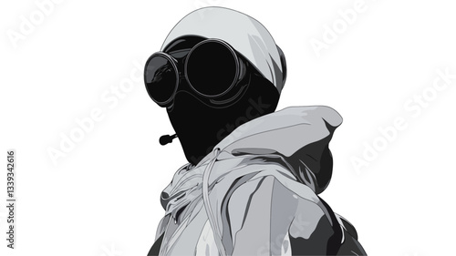 The image is a grayscale vector illustration depicting the back of a person's head and shoulders. The figure is wearing a light-colored head covering, large dark goggles or a mask covering the eyes