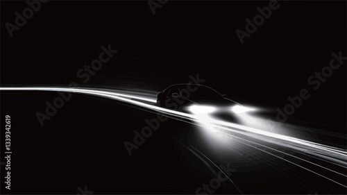 A monochrome image depicting a car driving at night.  The headlights are clearly visible, creating long, streaking light trails on the road. The car itself is partially visible, appearing as a dark