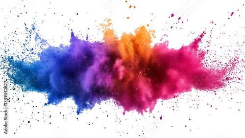 Multicolored powder explosion isolated on white background. An explosion of colorful powder is spreading on a white surface beneath. A colorful explosion powder white background.	