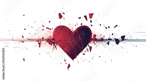 The image features a stylized graphic representation of a red heart shattering into numerous fragments against a white background. The heart is depicted with a gradient of red and dark blue hues,