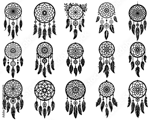 dreamcatcher set black and white tribal boho illustration collection