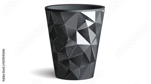 A studio shot of a black geometric planter. The planter is cylindrical in shape with a faceted, triangular design covering its surface. The surface appears smooth and glossy with subtle variations