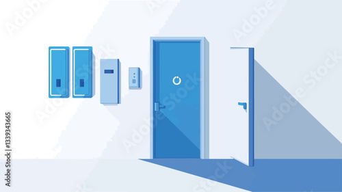 The image is a digital illustration depicting a minimalist interior scene.  The scene shows a section of a white hallway or corridor.  A light blue door is centrally located, partially closed. To