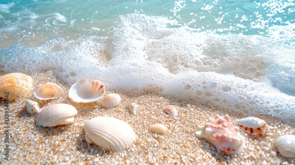 Gentle Ocean Waves Wash Seashells on Sunny Beach - Coastal Beauty and Summer Holiday Mood Gentle Ocean Waves Wash Seashells on Sunny Beach - Coastal Beauty and Summer Holiday Mood