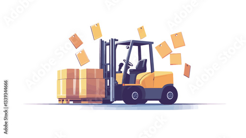 Illustration of a yellow forklift carrying a stack of brown cardboard boxes.  The forklift is depicted in a cartoonish, simplified style with visible wheels and forks. Several additional smaller