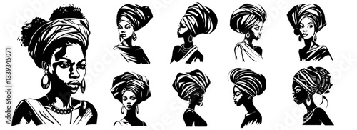 african women in traditional headwraps silhouette set