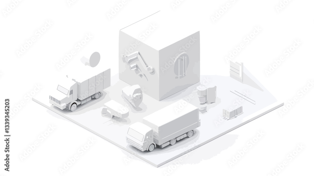 The image presents a digital rendering of a simplified, low-poly isometric model of a city block. The model is monochromatic white, featuring cubic and rectangular forms representing buildings and The image presents a digital rendering of a simplified, low-poly isometric model of a city block. The model is monochromatic white, featuring cubic and rectangular forms representing buildings and