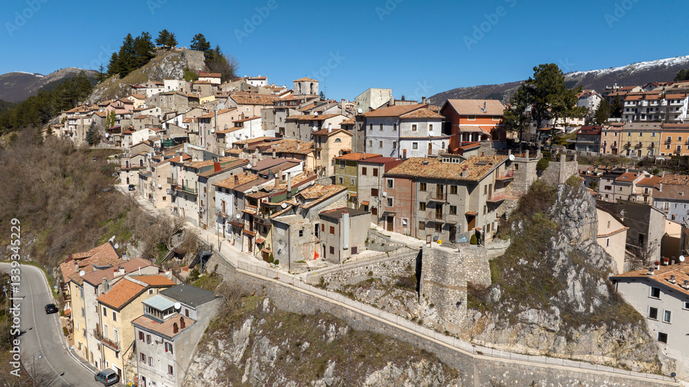Aerial view of historic center of Ovindoli, a town located in the province of L'Aquila, in Abruzzo, Italy.