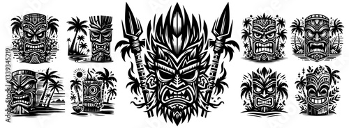tribal tiki mask set with spears and palm background