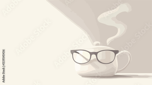 A close-up shot depicts a white teapot with a dark-framed pair of glasses resting on its side.  A faint steam rises from the teapot's spout. The scene is softly lit, with a strong light source