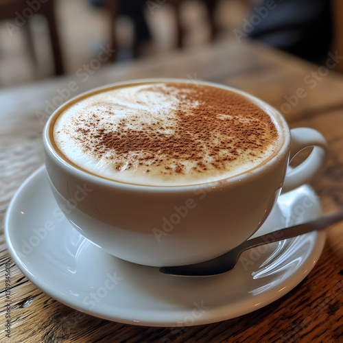 A close-up of a creamy cappuccino in a white cup on a rustic wooden table, with a blurred caf? background