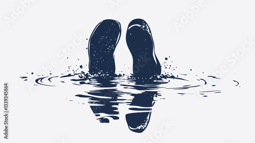 A minimalist vector illustration depicting two dark blue shoe prints submerged in a puddle of water. Water droplets are visible around the prints.  The prints are reflected in the water's surface.